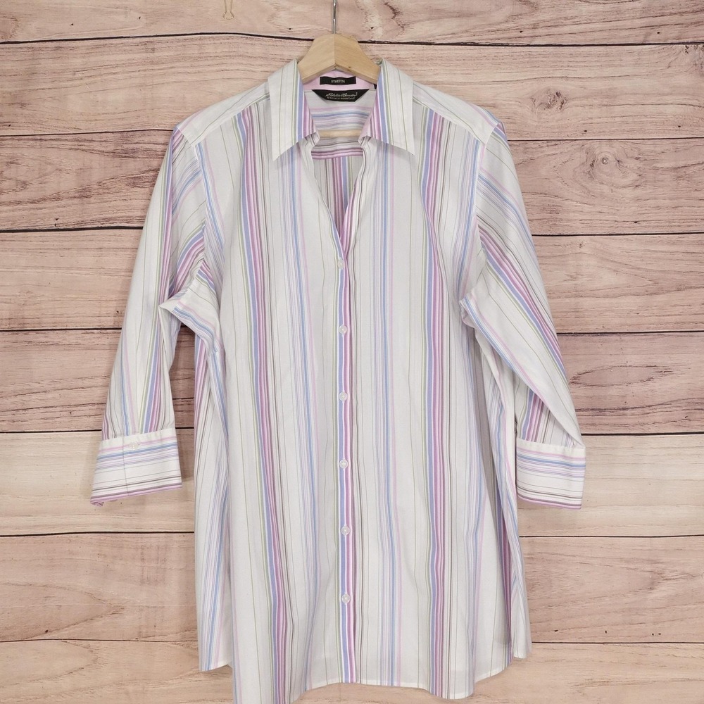Eddie Bauer Shirt Womens 2X White Multicolor Stripe 3/4 Sleeve Button Up Stretch